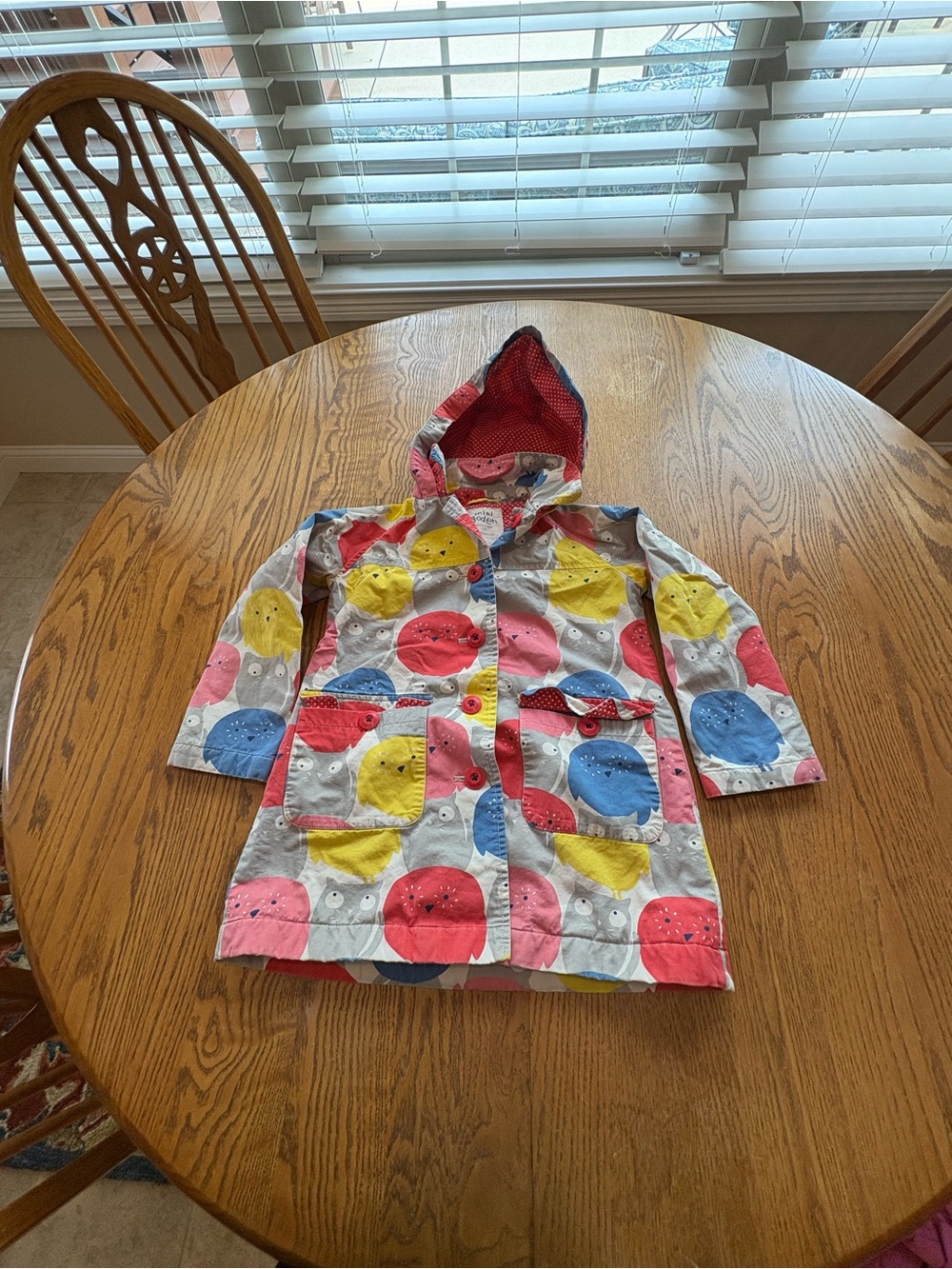 Mini Boden Owl Bird Hooded Coat 5/6 Fleece Lined Cotton Red Gray Kitties Birds